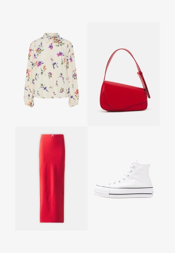 Ziedu blūze ar garām pūkām, gaiši krēmveida pamatne, ar purpursarkanām, oranžām un zaļām ziedu rakstiem, kā arī klasisko apkakles dizainu.; Sarkana punktiņota midi svārku ir izgatavota no gludas auduma, tai ir pieguļošs siluets un aizmugurējā detaļa ar mazu baltu loku jostasvietā.; Balti augstie kanvas sporta apavi ar melnu gumijas zoli, priekšējo gumijas purngalu un sešām acīm lencēm, kuriem ir tīrs, minimālistisks dizains.; Sarkans ādas rokassomi ar stūrainu, ģeometrisku dizainu. Iekļauj vienu regulējamu siksnu un vāku ar izšūtu detaļu.