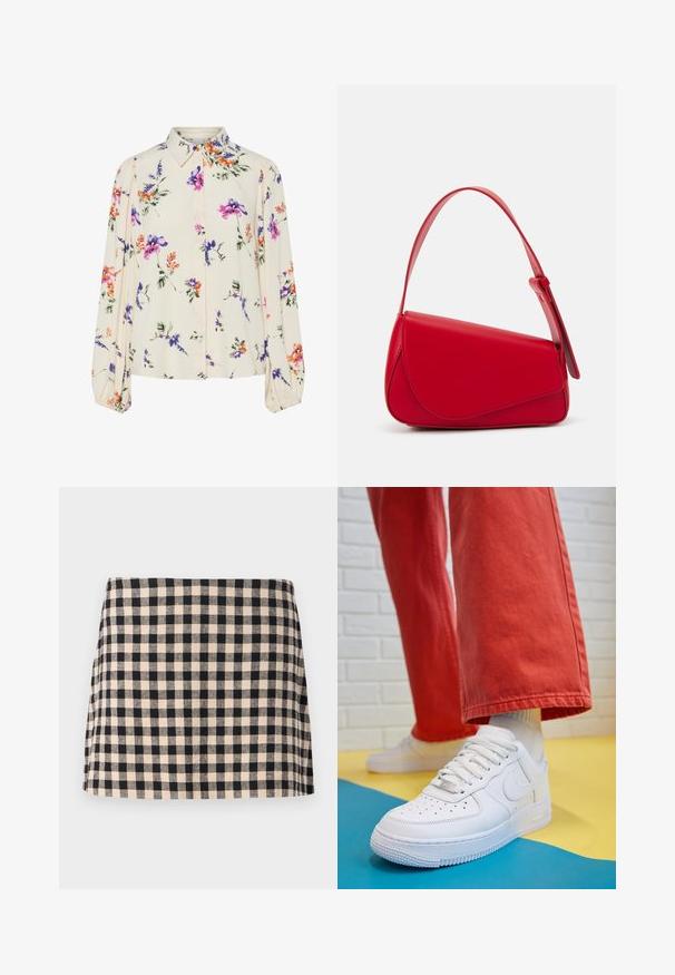 Květnatá blůza s dlouhými balónovými rukávy, světle krémové barvy, s fialovými, oranžovými a zelenými květinovými vzory a klasickým límečkem.; Černá a krémová kostičkovaná sukně se rovnými liniemi, s hladkým povrchem a lemem, který končí nad kolenem. Bez kovových prvků nebo ozdob.; Bílé kožené tenisky s perforovanou špičkou, texturovanou podešví a bílými tkaničkami, v kombinaci s širokými červenými kalhotami a modro-žlutým pozadím.; Červená kožená kabelka s ostrým, geometrickým designem. Má jeden nastavitelný popruh a klopu s prošívanými detaily.