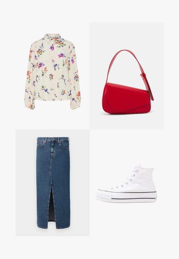 Virágmintás blúz hosszú puffos ujjakkal, világos krém alapon, lila, narancs és zöld virágmintázattal, klasszikus gallér dizájnnal.; Közép kék farmer ceruzaszoknya elülső hasítékkal, klasszikus öt zsebes dizájnnal, és gombos záródással a derékon. Simaság és puhaság jellemzi.; Fehér magaskorsó vászon sportcipő fekete gumi talppal, elülső gumi orrnyereggel és hat fűzőlyukkal, letisztult, minimalista dizájnnal.; Piros bőr kézitáska szögletes, geometrikus kialakítással. Egy állítható pánttal és varrott részletekkel ellátott fedélzárral rendelkezik.