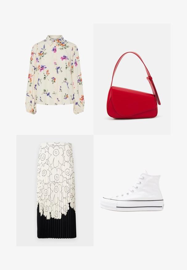 Floral blouse with long puff sleeves, light cream base, featuring purple, orange, and green floral patterns, and classic collar design.; Pleated skirt with a floral black and white pattern, featuring a light top half with flowers and a solid black bottom hem.; White high-top canvas sneaker with black rubber sole, front rubber toe cap, and six eyelets for laces, featuring a clean, minimalist design.; Red leather handbag with an angular, geometric design. Features a single adjustable strap and a flap closure with stitched detailing.