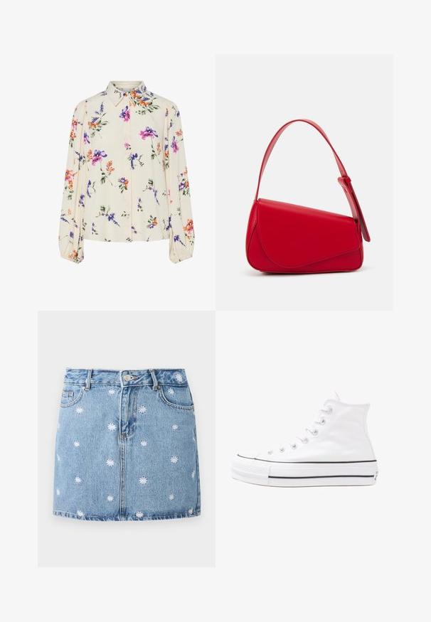Blomstrete bluse med lange pufferm, lys kremfarge, med lilla, oransje og grønne blomster mønstre, og klassisk kragedesign.; Lys blå denimskjørt med hvite broderte blomsterdesign, fem lommer og knappelukking i front, med en rett, mini-lengde passform.; Hvit høy-skinn kanvas sneakers med svart gummisåle, gummitåhette foran og seks hull for snorer, med et rent, minimalistisk design.; Rød lærveske med en vinklet, geometrisk design. Har en enkelt justerbar stropp og en klaffelukking med sydd detaljer.