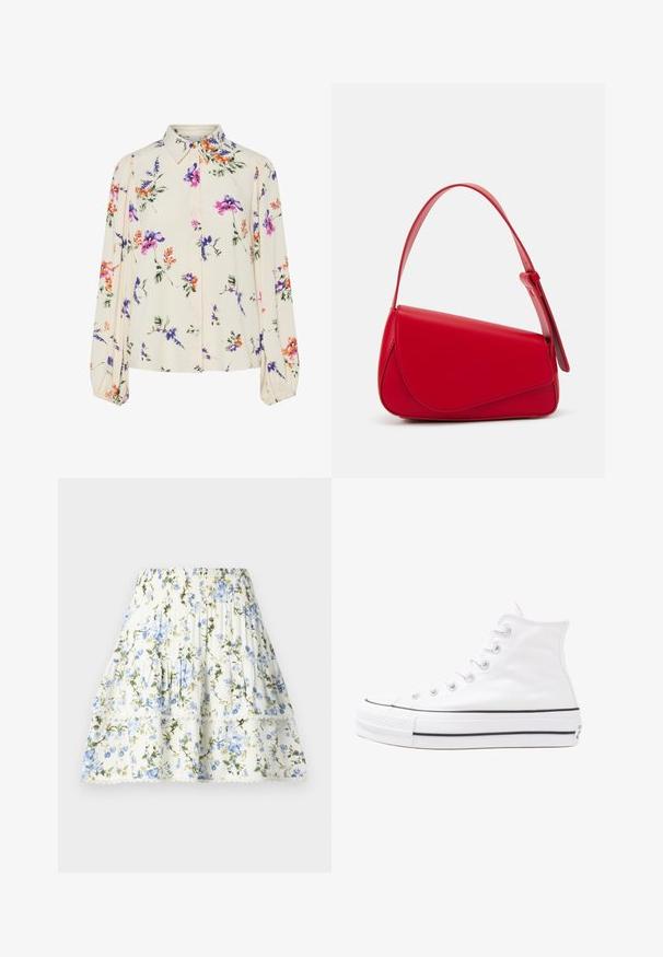 Blomstrete bluse med lange pufferm, lys kremfarge, med lilla, oransje og grønne blomster mønstre, og klassisk kragedesign.; Blomsterkjole i hvit med blå og grønne blomster, elastisk midje, lagdelt design og blondekant på helen. Lett stoff.; Hvit høy-skinn kanvas sneakers med svart gummisåle, gummitåhette foran og seks hull for snorer, med et rent, minimalistisk design.; Rød lærveske med en vinklet, geometrisk design. Har en enkelt justerbar stropp og en klaffelukking med sydd detaljer.