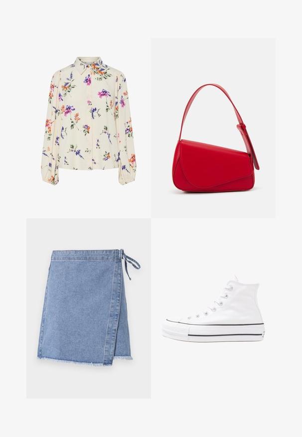 Blumenbluse mit langen Puffärmeln, hellcremefarbenem Grund, mit lila, orangefarbenen und grünen Blumenmustern sowie klassischem Kragen.; Denim Wickelrock in Hellblau, mit gefesseltem Verschluss, fransigem Saum und geradem Schnitt mit leicht A-Linienform.; Weiße hochwertige Leinensneaker mit schwarzer Gummisohle, vorderem Gummizehenschutz und sechs Ösen für Schnürsenkel, die ein sauberes, minimalistisches Design aufweisen.; Rote Lederhandtasche mit einem kantigen, geometrischen Design. Verfügt über einen verstellbaren Schulterriemen und einen Klappenverschluss mit genähten Details.