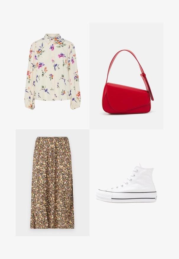 Bloes met bloemenprint en lange pofmouwen, lichte crème basis, met paarse, oranje en groene bloemmotieven, en een klassiek kraagontwerp.; Rok met bloemenprint op een zwarte achtergrond, met verschillende kleine bloemen in roze, geel en wit. Elastische tailleband en knielange snit.; Witte high-top canvas sneakers met een zwarte rubberen zool, een rubberen neuskap aan de voorkant en zes gaatjes voor veters, met een schone, minimalistische uitstraling.; Rode leren handtas met een hoekig, geometrisch ontwerp. Beschikt over een enkele verstelbare schouderriem en een klepclosure met gestikte details.