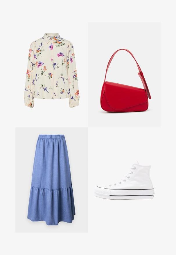 Blomstrete bluse med lange pufferm, lys kremfarge, med lilla, oransje og grønne blomster mønstre, og klassisk kragedesign.; Blå chambray-s kjole med en samlet elastisk linning og lagdelt volangkant, med en glatt tekstur og en avslappet, flytende passform.; Hvit høy-skinn kanvas sneakers med svart gummisåle, gummitåhette foran og seks hull for snorer, med et rent, minimalistisk design.; Rød lærveske med en vinklet, geometrisk design. Har en enkelt justerbar stropp og en klaffelukking med sydd detaljer.