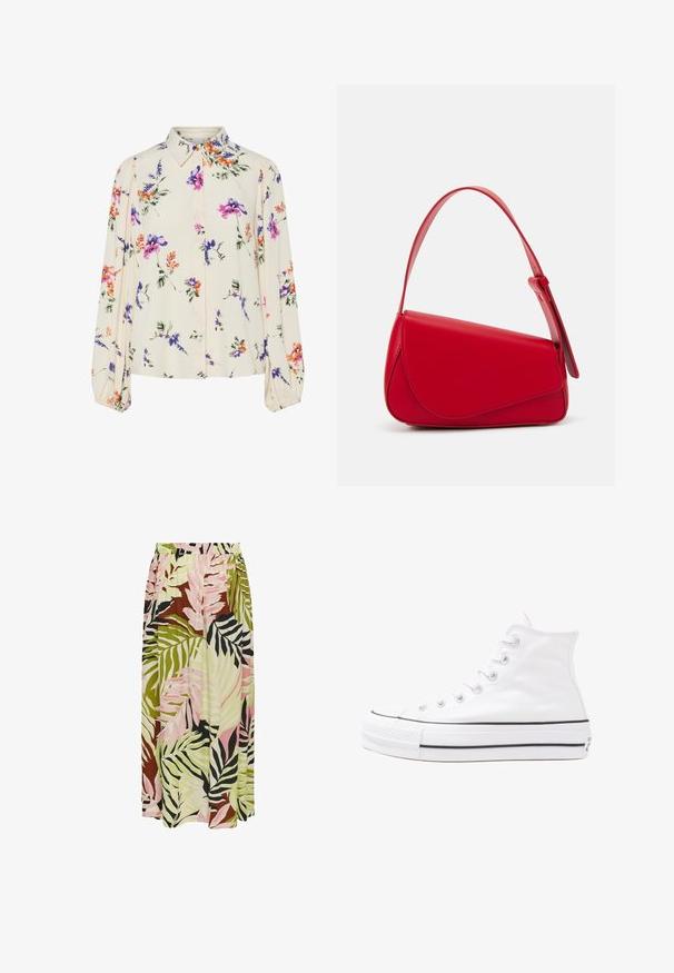 Blusa floral con mangas largas abullonadas, base color crema claro, con patrones florales en púrpura, naranja y verde, y diseño de cuello clásico.; ONLY JUPE - Falda acampanada - tropical peach; Zapatilla de lona alta blanca con suela de goma negra, puntera de goma frontal y seis ojetes para los cordones, que presenta un diseño limpio y minimalista.; Bolso de cuero rojo con un diseño angular y geométrico. Cuenta con una única correa ajustable y un cierre de solapa con detalles de costura.