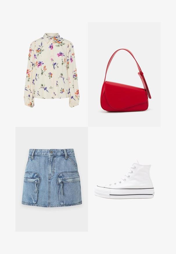 Virágmintás blúz hosszú puffos ujjakkal, világos krém alapon, lila, narancs és zöld virágmintázattal, klasszikus gallér dizájnnal.; Kék farmer mini szoknya két nagy elülső fedeles zsebbel, cipzárfogókkal és övhurkokkal a derékrészen.; Fehér magaskorsó vászon sportcipő fekete gumi talppal, elülső gumi orrnyereggel és hat fűzőlyukkal, letisztult, minimalista dizájnnal.; Piros bőr kézitáska szögletes, geometrikus kialakítással. Egy állítható pánttal és varrott részletekkel ellátott fedélzárral rendelkezik.