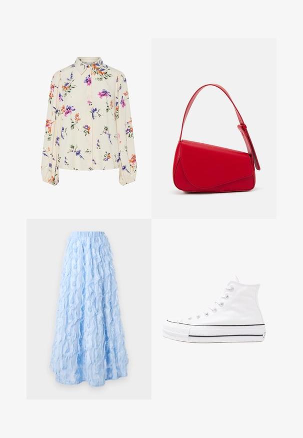 Lille kreemipehme lilleline pluus, millel on pikad puhvli varrukad, millel on lillad, oranžid ja rohelised lillemustrid ning klassikaline kaelus.; Hele sinine midi seelik, mis on valmistatud kihilisest, tekstuuriga kangast, millel on frantsi detailing, elastse vöökoha ja voolava siluettiga.; Valge kõrgem kangast tenniseking, millel on must kummist tald, ees kummist varvasetugi ja kuus aukku paelte jaoks, pakkudes puhta ja minimalistliku disaini.; Punane nahast käekott, millel on nurkadega geomeetriline disain. Omab ühte reguleeritavat rihma ja klappidega sulgemist, millel on õmblustega kaunistused.