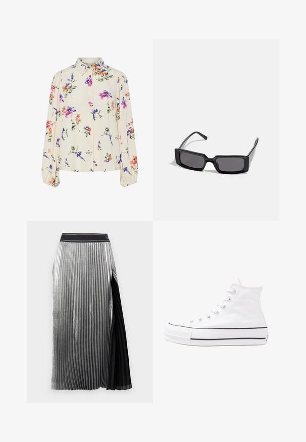 Virágmintás blúz hosszú puffos ujjakkal, világos krém alapon, lila, narancs és zöld virágmintázattal, klasszikus gallér dizájnnal.; Fémes ezüstszínű, pliszírozott szoknya fekete oldalsó panelek mellett, széles derékpánttal és függőleges redőzéssel, amely sima és textúrált megjelenést kölcsönöz.; Fehér magaskorsó vászon sportcipő fekete gumi talppal, elülső gumi orrnyereggel és hat fűzőlyukkal, letisztult, minimalista dizájnnal.; Fekete napszemüveg téglalap alakú kerettel, sötét lencsékkel és sima, fényes felülettel. Vékony szárakkal rendelkezik, az oldalán diszkrét márkajelzéssel.; Piros bőr kézitáska szögletes, geometrikus kialakítással. Egy állítható pánttal és varrott részletekkel ellátott fedélzárral rendelkezik.; Ezüst karika fülbevalók sima, fényes felülettel. Lekerekített forma, könnyű kialakítással, tűs zárómechanizmussal.