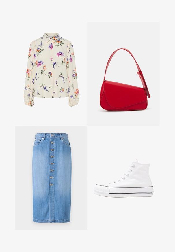 Bluză florală cu mâneci lungi și puff, bază de crem deschis, cu modele florale în nuanțe de violet, portocaliu și verde, și design cu guler clasic.; Fustă midi din denim albastru, cu croială dreaptă, având închidere frontală cu butoni, cinci buzunare și un finisaj uzat pentru textură.; Adidași albi tip pantofi sport cu glezna din pânză, cu talpă din cauciuc negru, capac de vârf din cauciuc frontal și șase ochiuri pentru șireturi, având un design curat și minimalist.; Geantă de mână din piele roșie, cu un design unghiular și geometric. Dispune de o singură curea ajustabilă și un sistem de închidere cu clapetă, cu detalii cusute.