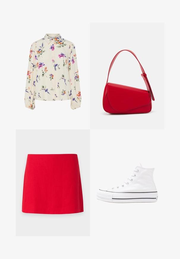 Bluză florală cu mâneci lungi și puff, bază de crem deschis, cu modele florale în nuanțe de violet, portocaliu și verde, și design cu guler clasic.; Pantalon scurt din in roșu, cu un design simplu și drept, având o textură netedă și fără modele sau componente vizibile.; Adidași albi tip pantofi sport cu glezna din pânză, cu talpă din cauciuc negru, capac de vârf din cauciuc frontal și șase ochiuri pentru șireturi, având un design curat și minimalist.; Geantă de mână din piele roșie, cu un design unghiular și geometric. Dispune de o singură curea ajustabilă și un sistem de închidere cu clapetă, cu detalii cusute.