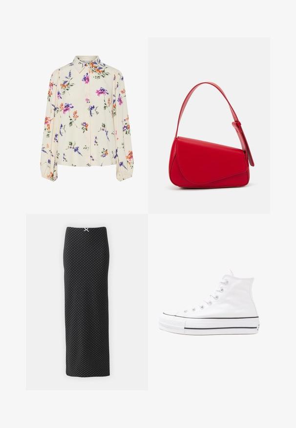 Blusa floreale con maniche puff lunghe, base di un chiaro crema, caratterizzata da motivi floreali in viola, arancione e verde, con un classico design del colletto.; Gonna nera a pois bianchi realizzata in tessuto morbido, con un design dritto, lunghezza alla caviglia e un piccolo accento di fiocco bianco in vita.; Sneaker alta in tela bianca con suola in gomma nera, punta in gomma frontale e sei asole per i lacci, caratterizzata da un design pulito e minimalista.; Borsa a tracolla in pelle rossa con un design angolare e geometrico. Presenta una singola tracolla regolabile e una chiusura a patta con dettagli cuciti.