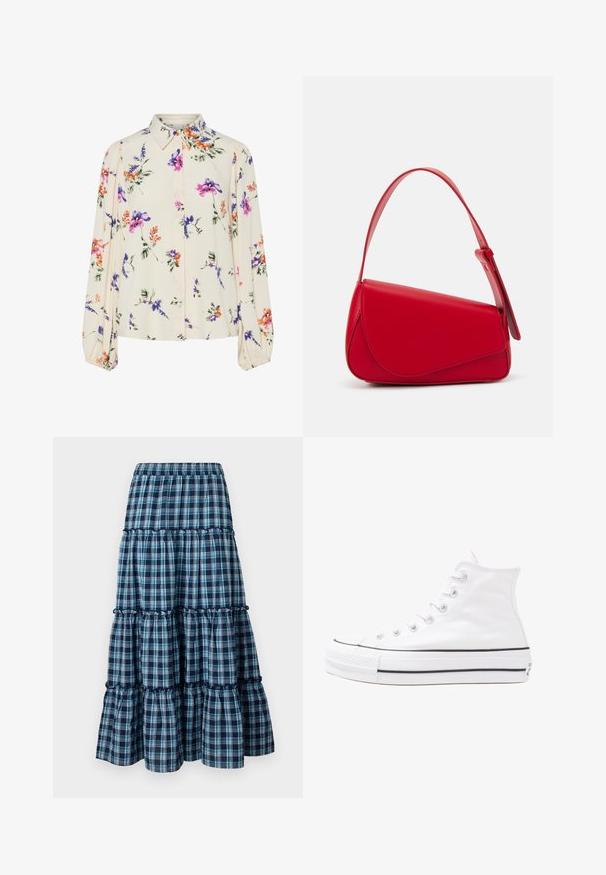 Bluză florală cu mâneci lungi și puff, bază de crem deschis, cu modele florale în nuanțe de violet, portocaliu și verde, și design cu guler clasic.; Fustă în carouri alb-albastre, cu mai multe volane, dotată cu un tiv elastic. Are straturi volanate și o siluetă fluidă. Material moale din bumbac.; Adidași albi tip pantofi sport cu glezna din pânză, cu talpă din cauciuc negru, capac de vârf din cauciuc frontal și șase ochiuri pentru șireturi, având un design curat și minimalist.; Geantă de mână din piele roșie, cu un design unghiular și geometric. Dispune de o singură curea ajustabilă și un sistem de închidere cu clapetă, cu detalii cusute.