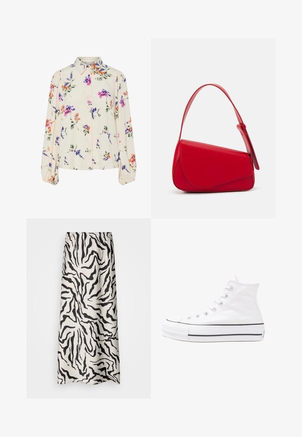 Kukkakuvioinen paita pitkillä puff-hihoilla, vaalean kerma pohja, jossa on violetteja, oransseja ja vihreitä kukkakuoseja sekä klassinen kaulustyyli.; Maxihame vaalivalkoisesta kankaasta, jossa on musta tiikeri raidat -kuvio. Tasainen rakenne joustavalla vyötärönauhoilla, ulottuen ylipitkäksi.; Valkoiset korkeavartiset kangaskengät mustalla kumipohjalla, edessä kuminen varvasosa ja kuusi nauha-aukkoa, puhtaan minimalistisella muotoilulla.; Punainen nahkalaukku, jossa on kulmikas, geometrinen muotoilu. Varustettu yhdellä säädettävällä hihnalla ja läpällä, jossa on ommeltu yksityiskohtia.