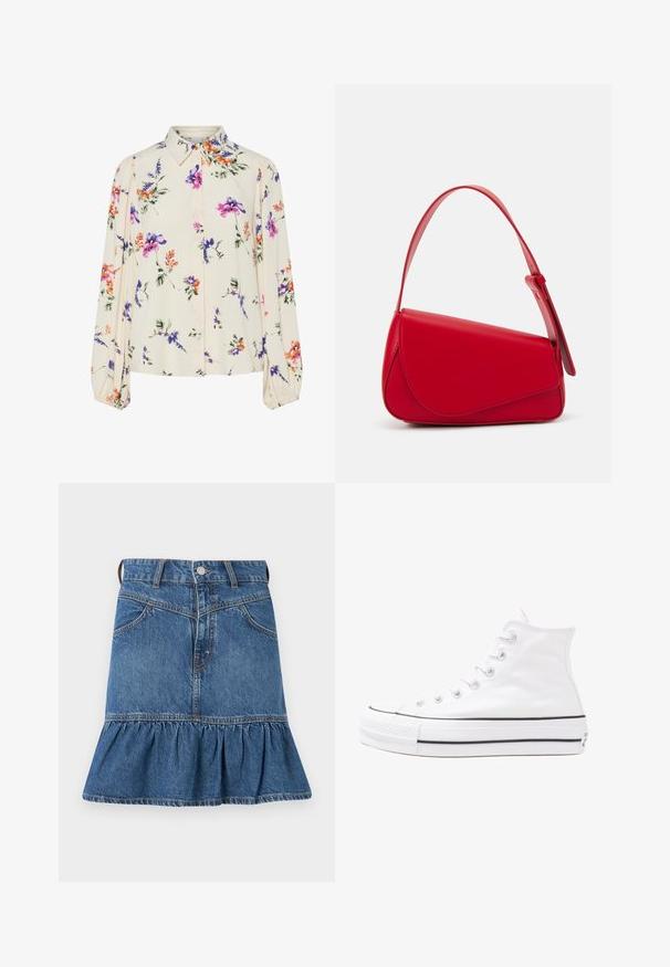 Kukkakuvioinen paita pitkillä puff-hihoilla, vaalean kerma pohja, jossa on violetteja, oransseja ja vihreitä kukkakuoseja sekä klassinen kaulustyyli.; Sininen farkkuhame, jossa on mukautuva vyötärö, viisi taskua ja leveä, röyhelöreuna alaosassa. Sisältää metallipainikkeen ja vetoketjukiinnityksen.; Valkoiset korkeavartiset kangaskengät mustalla kumipohjalla, edessä kuminen varvasosa ja kuusi nauha-aukkoa, puhtaan minimalistisella muotoilulla.; Punainen nahkalaukku, jossa on kulmikas, geometrinen muotoilu. Varustettu yhdellä säädettävällä hihnalla ja läpällä, jossa on ommeltu yksityiskohtia.