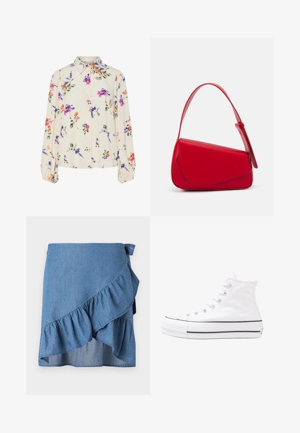 Floral blouse with long puff sleeves, light cream base, featuring purple, orange, and green floral patterns, and classic collar design.; Denim wrap skirt in light blue, featuring a ruffled hem and tie detail at the waist. Smooth texture and a flowing silhouette.; White high-top canvas sneaker with black rubber sole, front rubber toe cap, and six eyelets for laces, featuring a clean, minimalist design.; Red leather handbag with an angular, geometric design. Features a single adjustable strap and a flap closure with stitched detailing.