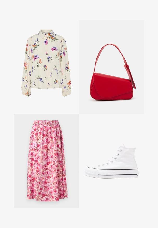 Bluzka w kwiaty z długimi bufkami, w jasnym kremowym kolorze, z fioletowymi, pomarańczowymi i zielonymi wzorami kwiatowymi oraz klasycznym kołnierzykiem.; Kwiatowa spódnica maxi z marszczonym pasem. Charakteryzuje się jasnoróżowym i kremowym wzorem kwiatowym na lekkim materiale.; Białe wysokie trampki z płótna z czarną gumową podeszwą, przednim czubkiem z gumy i sześcioma dziurkami na sznurowadła, charakteryzujące się prostym, minimalistycznym designem.; Czerwona skórzana torebka o kanciastym, geometrycznym designie. Posiada jedną regulowaną rączkę oraz zapięcie na klapę z przeszyciami.