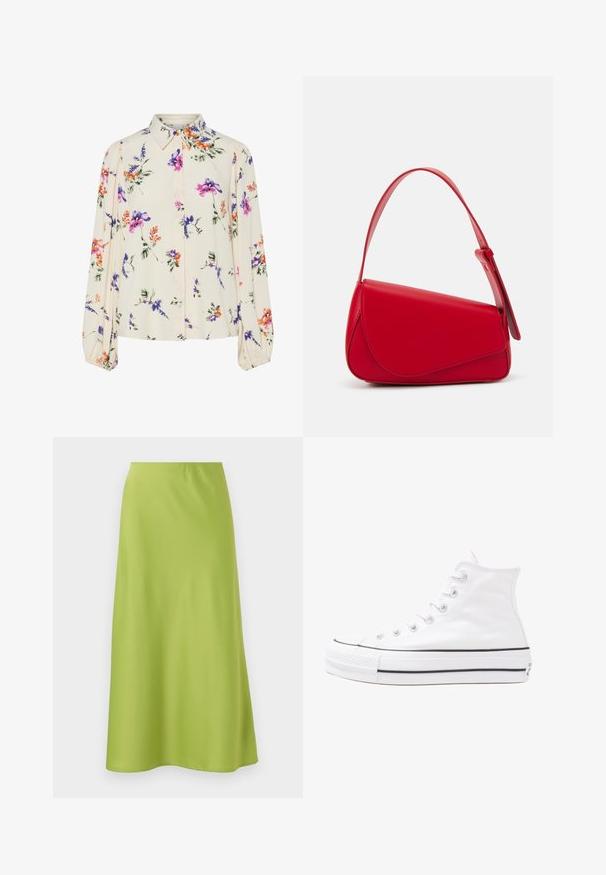 Virágmintás blúz hosszú puffos ujjakkal, világos krém alapon, lila, narancs és zöld virágmintázattal, klasszikus gallér dizájnnal.; Közepes hosszúságú szoknya sima, élénk lime zöld anyagból. Egyszerű, szabott kialakítással rendelkezik, rugalmas derékkal és lágy vonalvezetéssel.; Fehér magaskorsó vászon sportcipő fekete gumi talppal, elülső gumi orrnyereggel és hat fűzőlyukkal, letisztult, minimalista dizájnnal.; Piros bőr kézitáska szögletes, geometrikus kialakítással. Egy állítható pánttal és varrott részletekkel ellátott fedélzárral rendelkezik.