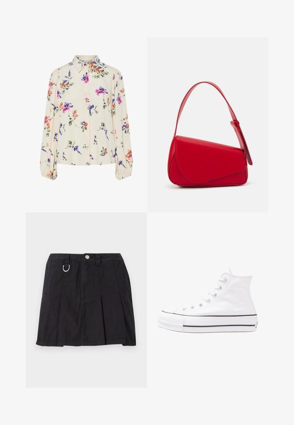 Cvetna bluzica z dolgimi puff rokavi, svetlo smetanaste barve, s purpurnimi, oranžnimi in zelenimi cvetličnimi vzorci ter klasičnim ovratnikom.; Črna plisirana krila iz bombaža, z zapiranjem na gumbe spredaj, zanko za pas in D-obročem kot okrasom na pasu.; Beli visoki platneni športni čevelj z črnim gumijastim podplatom, sprednjim gumijastim zaščitnikom za prste in šestimi luknjicami za vezalke, ki se ponaša s preprostim, minimalističnim dizajnom.; Rdeča usnjena torba z angularnim, geometrijskim dizajnom. Ima en samostoječ nastavljiv ročaj in pokrov, zaprt z zapiranjem, ki je okrašen s šivi.