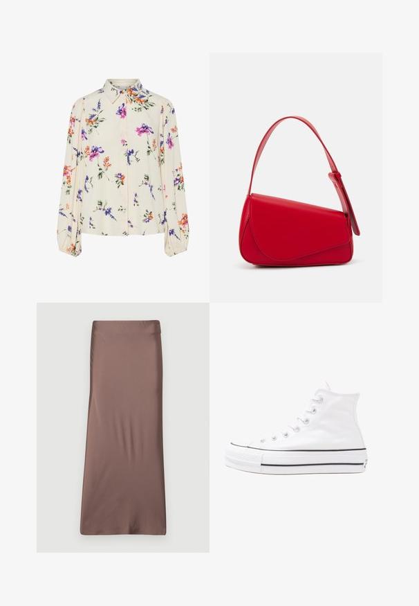 Blomstrete bluse med lange pufferm, lys kremfarge, med lilla, oransje og grønne blomster mønstre, og klassisk kragedesign.; Brun sateng midi skjørt med en jevn tekstur, tettsittende silhuett og en midjeelastikk. Ingen synlige mønster eller detaljer.; Hvit høy-skinn kanvas sneakers med svart gummisåle, gummitåhette foran og seks hull for snorer, med et rent, minimalistisk design.; Rød lærveske med en vinklet, geometrisk design. Har en enkelt justerbar stropp og en klaffelukking med sydd detaljer.