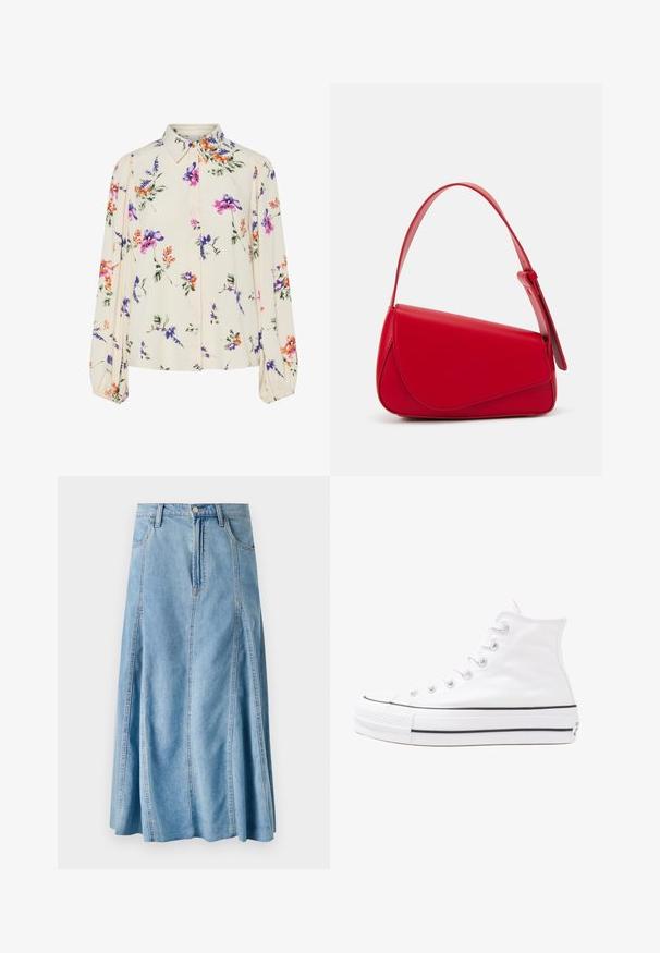 Blusa floral com mangas bufantes longas, base de creme claro, apresentando padrões florais em roxo, laranja e verde, e design de gola clássica.; Saia de ganga azul clara com um design amplificado, apresentando um fecho de botão, passantes para cinto e detalhes de costura vertical. Comprimento a meio da panturrilha.; Sapatilha alta de tela branca com sola de borracha preta, bico de borracha na frente e seis ilhós para os atacadores, apresentando um design limpo e minimalista.; Bolsa de mão em couro vermelho com um design angular e geométrico. Apresenta uma única alça ajustável e um fecho com aba, com detalhes cosidos.