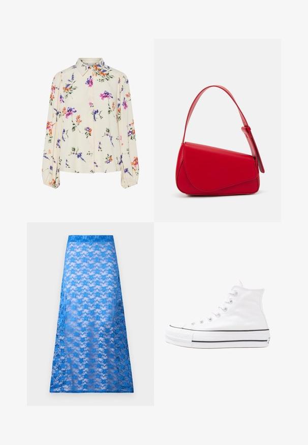 Bloes met bloemenprint en lange pofmouwen, lichte crème basis, met paarse, oranje en groene bloemmotieven, en een klassiek kraagontwerp.; Blauwe maxi rok van kant met een doorschijnende textuur, met een bloemenpatroon en een effen blauwe tailleband. Valt zachtjes van heup tot zoom.; Witte high-top canvas sneakers met een zwarte rubberen zool, een rubberen neuskap aan de voorkant en zes gaatjes voor veters, met een schone, minimalistische uitstraling.; Rode leren handtas met een hoekig, geometrisch ontwerp. Beschikt over een enkele verstelbare schouderriem en een klepclosure met gestikte details.