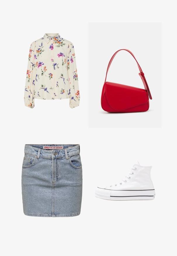 Ziedu blūze ar garām pūkām, gaiši krēmveida pamatne, ar purpursarkanām, oranžām un zaļām ziedu rakstiem, kā arī klasisko apkakles dizainu.; Gaiši zilas džinsa mini svārki ar teksturētu rakstu, piecu kabatu dizainu un standarta jostasvietu ar pogu aizdari.; Balti augstie kanvas sporta apavi ar melnu gumijas zoli, priekšējo gumijas purngalu un sešām acīm lencēm, kuriem ir tīrs, minimālistisks dizains.; Sarkans ādas rokassomi ar stūrainu, ģeometrisku dizainu. Iekļauj vienu regulējamu siksnu un vāku ar izšūtu detaļu.