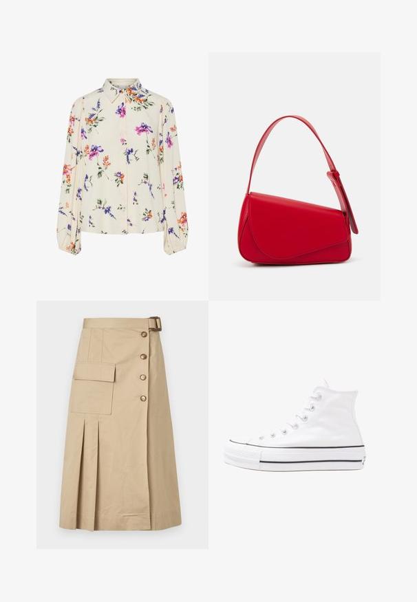 Cvetna bluzica z dolgimi puff rokavi, svetlo smetanaste barve, s purpurnimi, oranžnimi in zelenimi cvetličnimi vzorci ter klasičnim ovratnikom.; Bež krilo do kolen, izdelano iz mešanice bombaža. Ima sprednje gumbe, stransko žep in naborke za strukturo. Gladka tekstura.; Beli visoki platneni športni čevelj z črnim gumijastim podplatom, sprednjim gumijastim zaščitnikom za prste in šestimi luknjicami za vezalke, ki se ponaša s preprostim, minimalističnim dizajnom.; Rdeča usnjena torba z angularnim, geometrijskim dizajnom. Ima en samostoječ nastavljiv ročaj in pokrov, zaprt z zapiranjem, ki je okrašen s šivi.