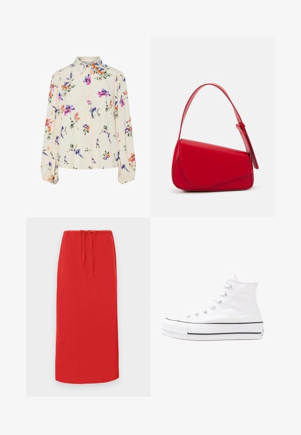 Blouse fleurie à manches bouffantes longues, base crème clair, ornée de motifs floraux violets, oranges et verts, avec un col classique.; Jupe rouge, longueur genou, fabriquée en tissu léger avec une taille élastique et un cordon de serrage pour un ajustement modulable. Texture lisse, sans motifs visibles.; Baskets montantes en toile blanche avec semelle en caoutchouc noir, capuchon en caoutchouc à l'avant, et six œillets pour les lacets, présentant un design épuré et minimaliste.; Sac à main en cuir rouge avec un design angulaire et géométrique. Il dispose d'une seule sangle ajustable et d'une fermeture à rabat avec un detailing cousu.