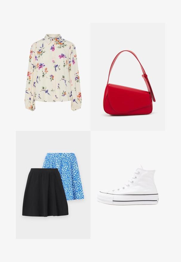 Blommig blus med långa puffärmar, ljus krämfärgad bas, med lila, orange och gröna blommönster, samt klassisk krage.; Två kjolar: en svart, gjord av mjukt tyg; den andra blå med ett leopardsmönster, som har resårband i midjan för komfort.; Vit hög topp canvas sneaker med svart gummisulan, framsidan gummitåhätta och sex öglor för snören, med en ren, minimalistisk design.; Röd läderhandväska med en vinkelrät, geometrisk design. Har ett justerbart axelband och en klaffstängning med sydda detaljer.
