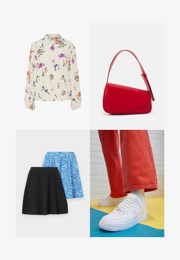 Gėlių bluzonas su ilgomis pūkuotomis rankovėmis, šviesiai kreminiu pagrindu, su violetiniais, oranžiniais ir žaliais gėlių raštais bei klasikiniu apykaklės dizainu.; Dvi sijonai: vienas juodas, pagamintas iš minkštos medžiagos; kitas mėlynas su leopardų raštu, turintis elastingą juosmenį patogumui.; Baltos odinės kedų sportbačiai su perforuotu pirštu, tekstūruota pado dalimi ir baltais raišteliais, derinami su plačiomis raudonomis kelnėmis ir mėlynos bei geltonos spalvų fono kompozicija.; Raudona odinė rankinė su kampuota, geometrine forma. Pasižymi viena reguliuojama dirželiu ir dangteliu su siuvinėtais dekoracijomis.