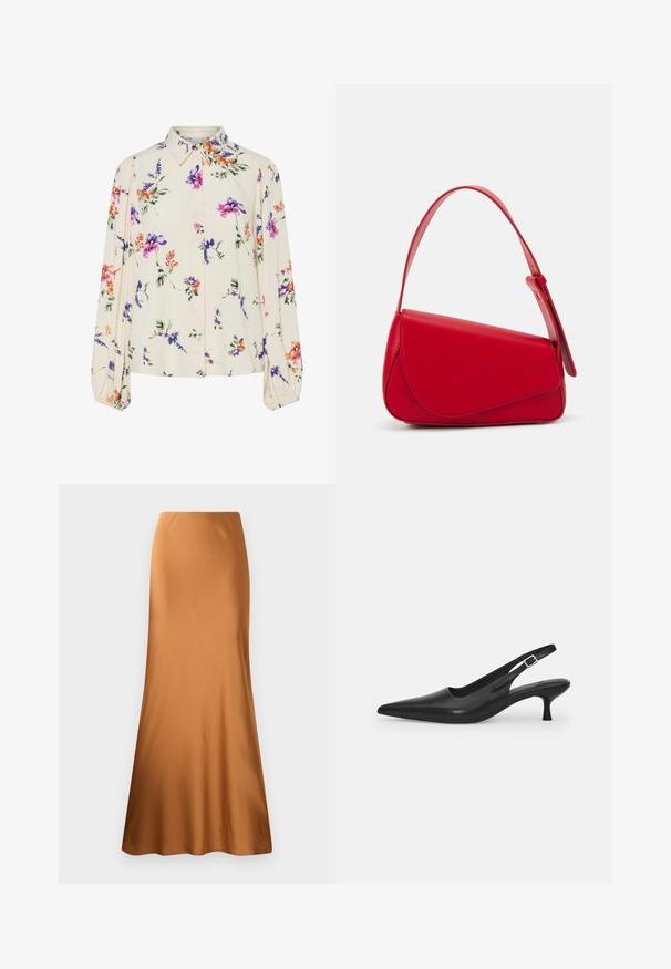 Blouse fleurie à manches bouffantes longues, base crème clair, ornée de motifs floraux violets, oranges et verts, avec un col classique.; Jupe maxi en satin marron avec une taille cintrée et un bas évasé. Texture lisse avec une couleur unie, sans motifs ni matériel visible.; Chaussure slingback en cuir noir avec un bout pointu et un talon fin et incurvé. Dispose d'une sangle ajustable discrète avec une boucle en métal.; Sac à main en cuir rouge avec un design angulaire et géométrique. Il dispose d'une seule sangle ajustable et d'une fermeture à rabat avec un detailing cousu.