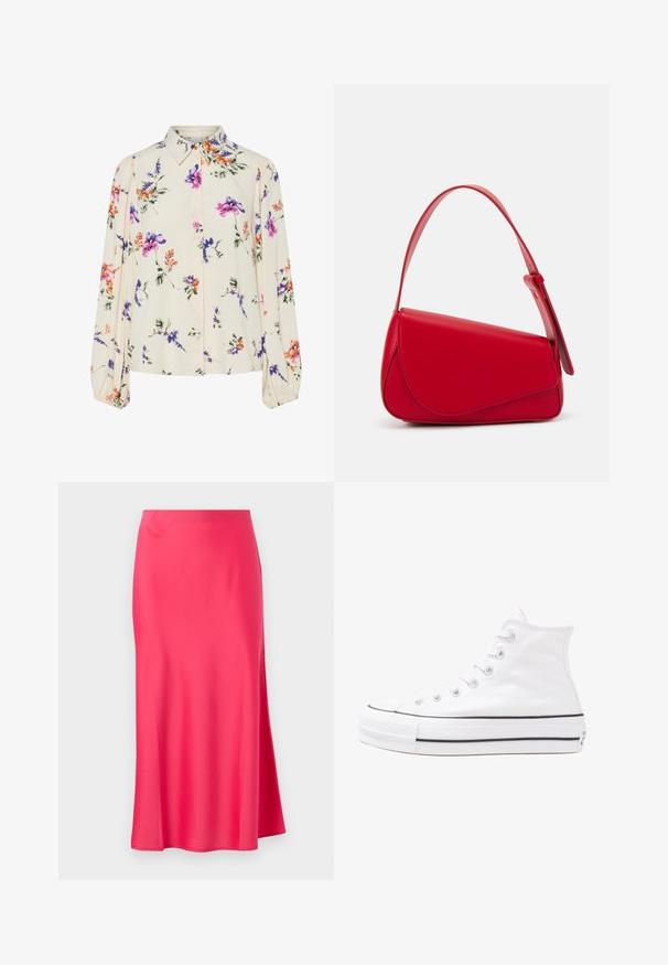 Bluză florală cu mâneci lungi și puff, bază de crem deschis, cu modele florale în nuanțe de violet, portocaliu și verde, și design cu guler clasic.; Fustă midi din satin de un roz vibrant, cu o tăietură laterală. Textură fină, silueta dreaptă și o talie simplă fără embellishments.; Adidași albi tip pantofi sport cu glezna din pânză, cu talpă din cauciuc negru, capac de vârf din cauciuc frontal și șase ochiuri pentru șireturi, având un design curat și minimalist.; Geantă de mână din piele roșie, cu un design unghiular și geometric. Dispune de o singură curea ajustabilă și un sistem de închidere cu clapetă, cu detalii cusute.