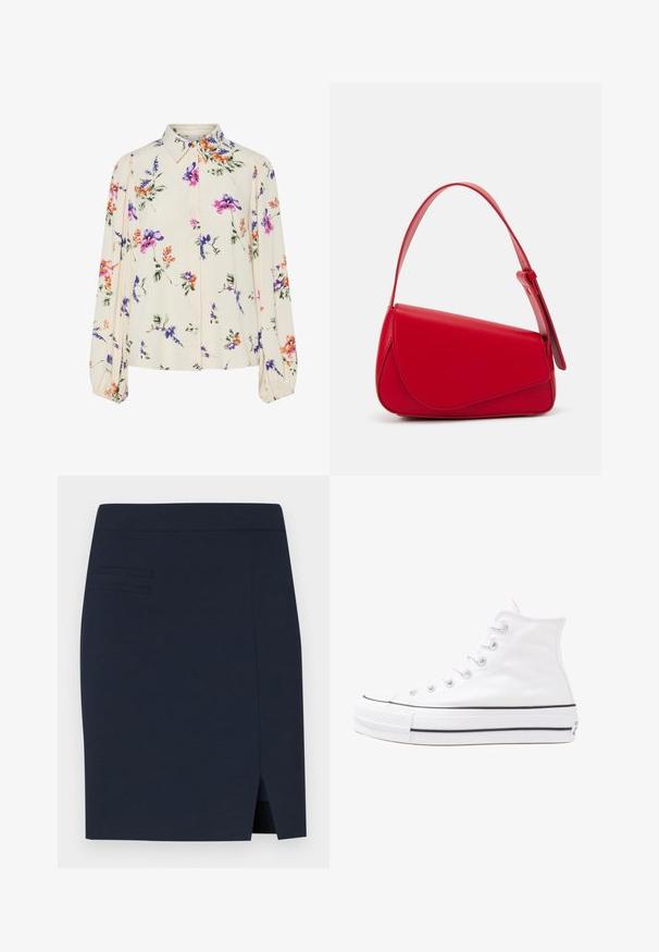 Blusa floreale con maniche puff lunghe, base di un chiaro crema, caratterizzata da motivi floreali in viola, arancione e verde, con un classico design del colletto.; Gonna aderente blu navy realizzata in un tessuto liscio, con uno spacco posteriore e tre dettagli di cucitura orizzontali nella zona delle tasche frontali.; Sneaker alta in tela bianca con suola in gomma nera, punta in gomma frontale e sei asole per i lacci, caratterizzata da un design pulito e minimalista.; Borsa a tracolla in pelle rossa con un design angolare e geometrico. Presenta una singola tracolla regolabile e una chiusura a patta con dettagli cuciti.