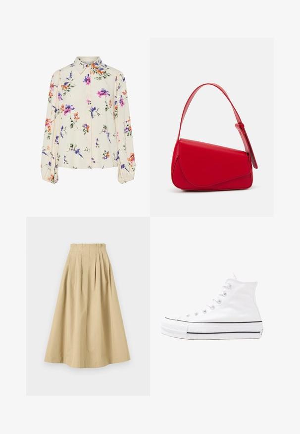 Blusa floral com mangas bufantes longas, base de creme claro, apresentando padrões florais em roxo, laranja e verde, e design de gola clássica.; Saia bege, até ao joelho, feita de algodão. Apresenta pregas box e uma cintura plana. Textura suave sem padrões ou acentos visíveis.; Sapatilha alta de tela branca com sola de borracha preta, bico de borracha na frente e seis ilhós para os atacadores, apresentando um design limpo e minimalista.; Bolsa de mão em couro vermelho com um design angular e geométrico. Apresenta uma única alça ajustável e um fecho com aba, com detalhes cosidos.