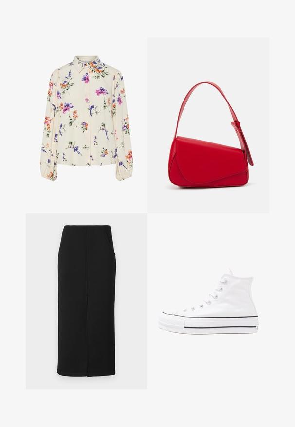 Bloes met bloemenprint en lange pofmouwen, lichte crème basis, met paarse, oranje en groene bloemmotieven, en een klassiek kraagontwerp.; Zwarte midi-rok van zachte, rekbare stof met een rechte silhouet, voorzien van zijzakken en een middennaad detail.; Witte high-top canvas sneakers met een zwarte rubberen zool, een rubberen neuskap aan de voorkant en zes gaatjes voor veters, met een schone, minimalistische uitstraling.; Rode leren handtas met een hoekig, geometrisch ontwerp. Beschikt over een enkele verstelbare schouderriem en een klepclosure met gestikte details.