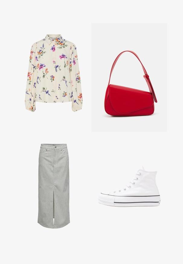 Blumenbluse mit langen Puffärmeln, hellcremefarbenem Grund, mit lila, orangefarbenen und grünen Blumenmustern sowie klassischem Kragen.; ONLY Jeansrock - white; Weiße hochwertige Leinensneaker mit schwarzer Gummisohle, vorderem Gummizehenschutz und sechs Ösen für Schnürsenkel, die ein sauberes, minimalistisches Design aufweisen.; Rote Lederhandtasche mit einem kantigen, geometrischen Design. Verfügt über einen verstellbaren Schulterriemen und einen Klappenverschluss mit genähten Details.