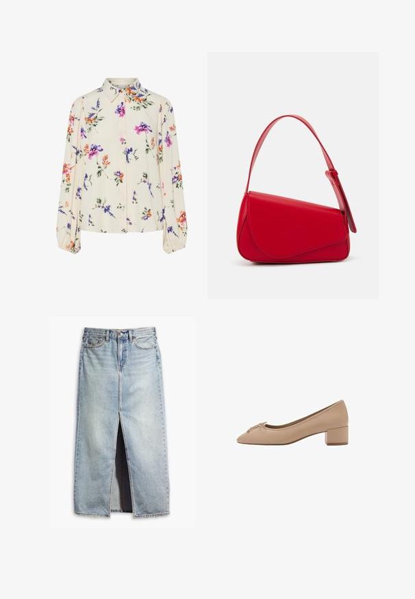 Blusa floreale con maniche puff lunghe, base di un chiaro crema, caratterizzata da motivi floreali in viola, arancione e verde, con un classico design del colletto.; Sottogonna in denim blu chiaro con spacco frontale, design a cinque tasche e chiusura con bottoni. Presenta un tessuto scolorito e dettagli con orlo grezzo.; Décolleté beige in pelle con punta affusolata, piccolo fiocco sulla parte anteriore e tacco quadrato basso. Texture liscia con cuciture minime.; Borsa a tracolla in pelle rossa con un design angolare e geometrico. Presenta una singola tracolla regolabile e una chiusura a patta con dettagli cuciti.