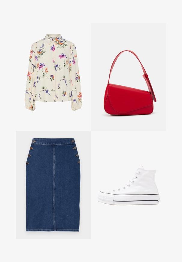 Kvetinová blúzka s dlhými puff rukávmi, svetlovo krémovej farby, so vzormi kvetov v purpurovej, oranžovej a zelenej farbe, a klasickým dizajnom goliera.; Džínová ceruzková sukňa v tmavo modrej farbe s rovnými líniami, piatimi dekoratívnymi gombíkmi na ľavej strane a viditeľným prešitím pozdĺž švov.; Biele vysoké plátené tenisky s čiernou gumovou podošvou, prednou gumovou špičkou a šiestimi okami na šnúrky, s čistým, minimalistickým dizajnom.; Červená kožená kabelka s ostrým, geometrickým dizajnom. Má jeden nastaviteľný popruh a uzatváranie na klopu so šitím.