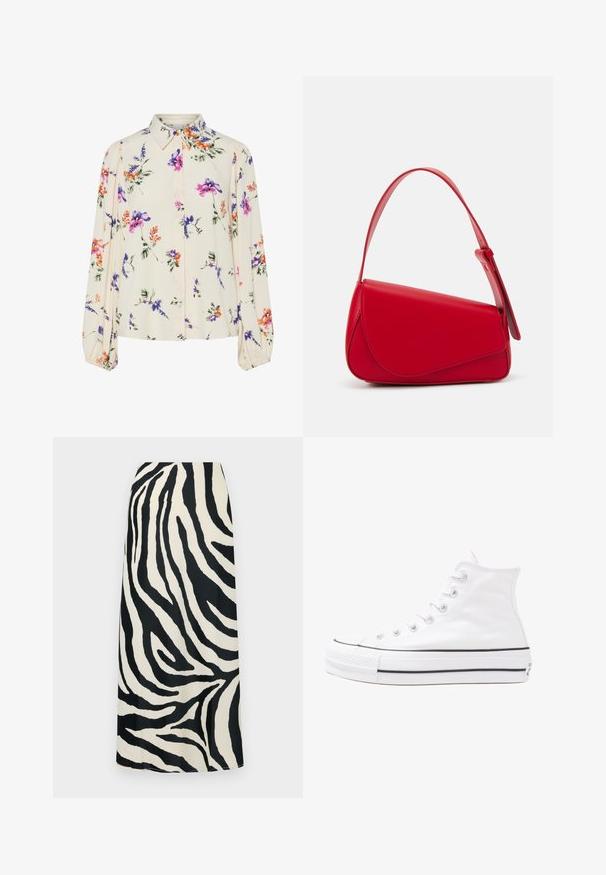 Blommig blus med långa puffärmar, ljus krämfärgad bas, med lila, orange och gröna blommönster, samt klassisk krage.; Svart och vit randig maxikjol med en slät yta, med hög midja och rak silhuett.; Vit hög topp canvas sneaker med svart gummisulan, framsidan gummitåhätta och sex öglor för snören, med en ren, minimalistisk design.; Röd läderhandväska med en vinkelrät, geometrisk design. Har ett justerbart axelband och en klaffstängning med sydda detaljer.