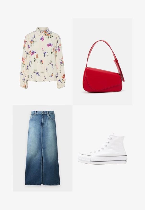 Virágmintás blúz hosszú puffos ujjakkal, világos krém alapon, lila, narancs és zöld virágmintázattal, klasszikus gallér dizájnnal.; Fényes kékből sötét kékbe átmenetű farmer szoknya, elől hasítékkal, normál derékpánttal és egyenes vonalakkal, hemzsgő széllel.; Fehér magaskorsó vászon sportcipő fekete gumi talppal, elülső gumi orrnyereggel és hat fűzőlyukkal, letisztult, minimalista dizájnnal.; Piros bőr kézitáska szögletes, geometrikus kialakítással. Egy állítható pánttal és varrott részletekkel ellátott fedélzárral rendelkezik.
