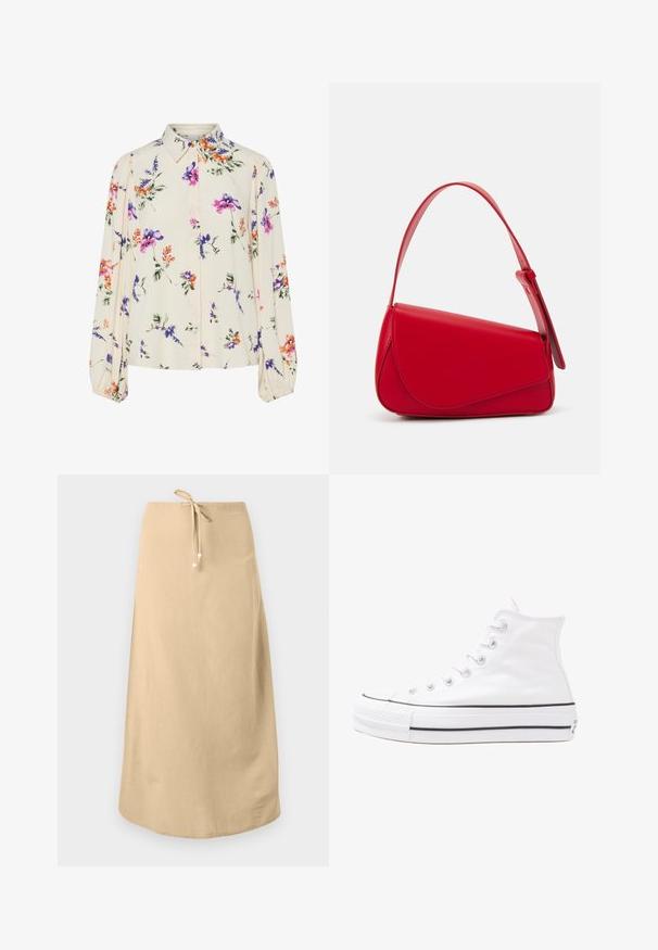 Blomstrete bluse med lange pufferm, lys kremfarge, med lilla, oransje og grønne blomster mønstre, og klassisk kragedesign.; Beige linenskjørt med strikk i midjen, som har en glatt tekstur og rund kant. Utsmykket med små dekorative perler på snøringene.; Hvit høy-skinn kanvas sneakers med svart gummisåle, gummitåhette foran og seks hull for snorer, med et rent, minimalistisk design.; Rød lærveske med en vinklet, geometrisk design. Har en enkelt justerbar stropp og en klaffelukking med sydd detaljer.