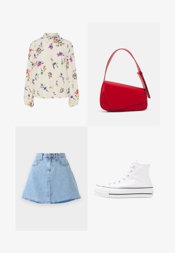 Blomstrete bluse med lange pufferm, lys kremfarge, med lilla, oransje og grønne blomster mønstre, og klassisk kragedesign.; Lys blå denim A-linje skjørt med rufsete kant, fem lommer og knappelukking. Har kobberfarget hardware og subtile sømmer.; Hvit høy-skinn kanvas sneakers med svart gummisåle, gummitåhette foran og seks hull for snorer, med et rent, minimalistisk design.; Rød lærveske med en vinklet, geometrisk design. Har en enkelt justerbar stropp og en klaffelukking med sydd detaljer.