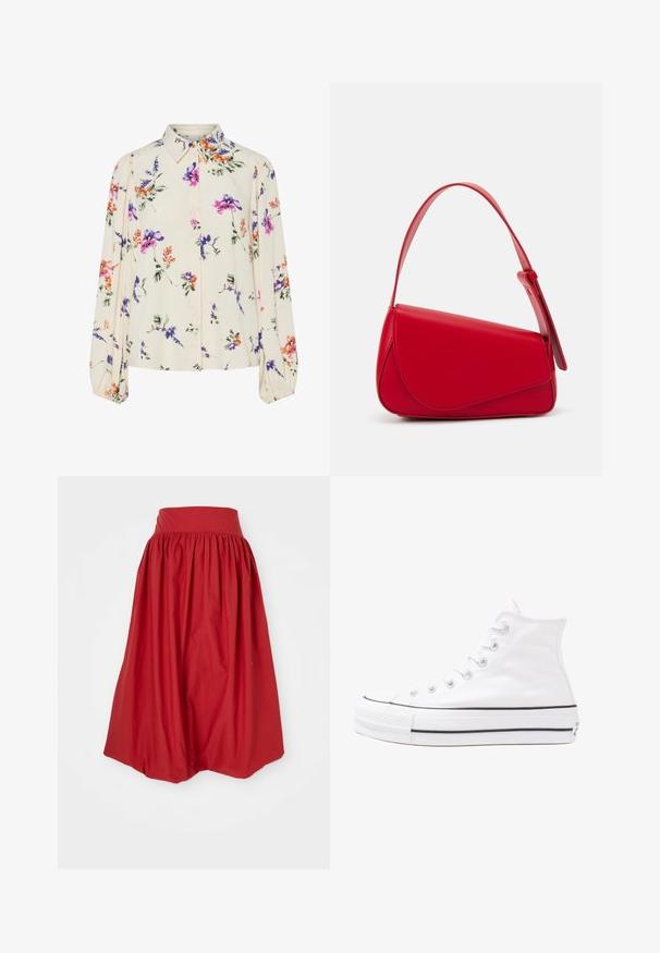 Virágmintás blúz hosszú puffos ujjakkal, világos krém alapon, lila, narancs és zöld virágmintázattal, klasszikus gallér dizájnnal.; Piros A-vonalú szoknya könnyű anyagból, magas, redőzött derékrésszel és áramló, pliszírozott dizájnnal. Sima tapintás.; Fehér magaskorsó vászon sportcipő fekete gumi talppal, elülső gumi orrnyereggel és hat fűzőlyukkal, letisztult, minimalista dizájnnal.; Piros bőr kézitáska szögletes, geometrikus kialakítással. Egy állítható pánttal és varrott részletekkel ellátott fedélzárral rendelkezik.