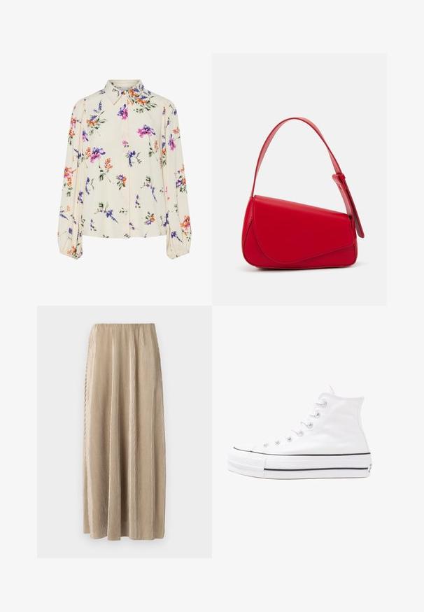 Blusa floral com mangas bufantes longas, base de creme claro, apresentando padrões florais em roxo, laranja e verde, e design de gola clássica.; Saia midi plissada bege com cintura elástica, apresentando riscas verticais e uma silhueta fluida para maior liberdade de movimento.; Sapatilha alta de tela branca com sola de borracha preta, bico de borracha na frente e seis ilhós para os atacadores, apresentando um design limpo e minimalista.; Bolsa de mão em couro vermelho com um design angular e geométrico. Apresenta uma única alça ajustável e um fecho com aba, com detalhes cosidos.