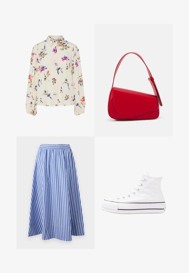 Bluză florală cu mâneci lungi și puff, bază de crem deschis, cu modele florale în nuanțe de violet, portocaliu și verde, și design cu guler clasic.; Fustă în dungi albastre și albe, cu un elastic în talie și o siluetă A-line fluidă, confecționată dintr-un material ușor.; Adidași albi tip pantofi sport cu glezna din pânză, cu talpă din cauciuc negru, capac de vârf din cauciuc frontal și șase ochiuri pentru șireturi, având un design curat și minimalist.; Geantă de mână din piele roșie, cu un design unghiular și geometric. Dispune de o singură curea ajustabilă și un sistem de închidere cu clapetă, cu detalii cusute.