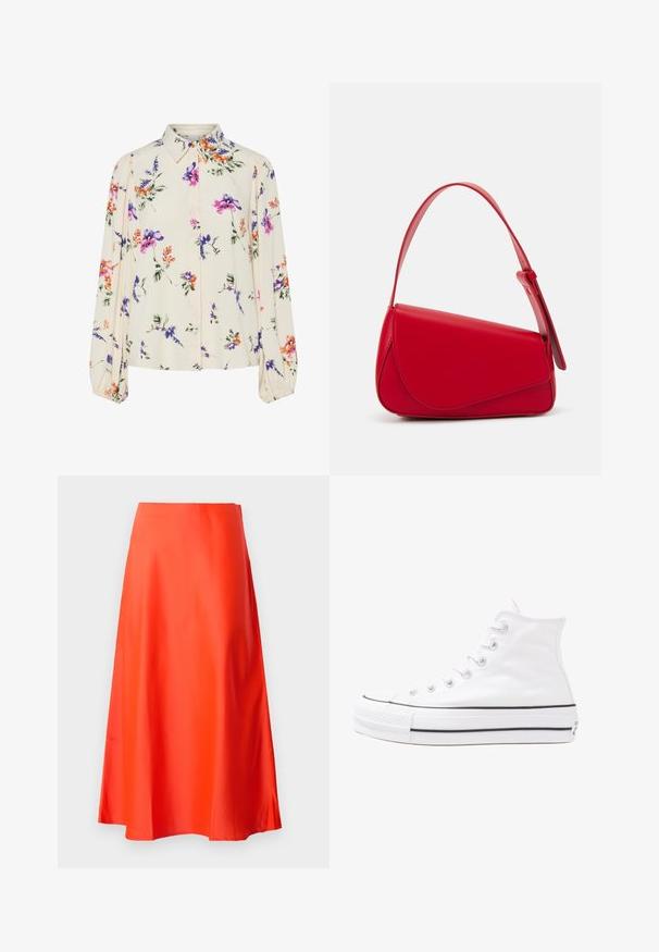 Kukkakuvioinen paita pitkillä puff-hihoilla, vaalean kerma pohja, jossa on violetteja, oransseja ja vihreitä kukkakuoseja sekä klassinen kaulustyyli.; Punainen satiininen midisuoristus, jossa on sileä tekstuuri, A-linjainen siluetti ja hienovarainen levennys helmaosassa. Ei näkyviä kuvioita tai koristeita.; Valkoiset korkeavartiset kangaskengät mustalla kumipohjalla, edessä kuminen varvasosa ja kuusi nauha-aukkoa, puhtaan minimalistisella muotoilulla.; Punainen nahkalaukku, jossa on kulmikas, geometrinen muotoilu. Varustettu yhdellä säädettävällä hihnalla ja läpällä, jossa on ommeltu yksityiskohtia.