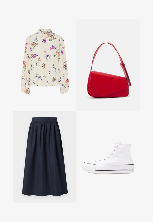 Virágmintás blúz hosszú puffos ujjakkal, világos krém alapon, lila, narancs és zöld virágmintázattal, klasszikus gallér dizájnnal.; Sötétkék pamut szoknya, ráncolt derékkal, áramló A-vonalú fazonnal és sima textúrával. Nincsenek látható minták vagy fém díszítések.; Fehér magaskorsó vászon sportcipő fekete gumi talppal, elülső gumi orrnyereggel és hat fűzőlyukkal, letisztult, minimalista dizájnnal.; Piros bőr kézitáska szögletes, geometrikus kialakítással. Egy állítható pánttal és varrott részletekkel ellátott fedélzárral rendelkezik.