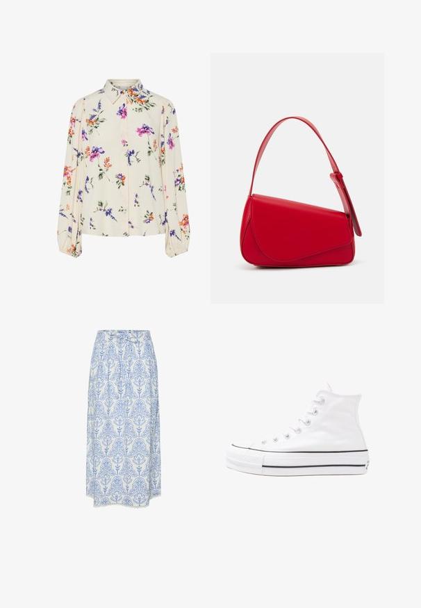 Virágmintás blúz hosszú puffos ujjakkal, világos krém alapon, lila, narancs és zöld virágmintázattal, klasszikus gallér dizájnnal.; Fehér szoknya kék virágmintával, redőzött és csipkés szegéllyel. Könnyű anyagból készült, megkötős derékkal.; Fehér magaskorsó vászon sportcipő fekete gumi talppal, elülső gumi orrnyereggel és hat fűzőlyukkal, letisztult, minimalista dizájnnal.; Piros bőr kézitáska szögletes, geometrikus kialakítással. Egy állítható pánttal és varrott részletekkel ellátott fedélzárral rendelkezik.