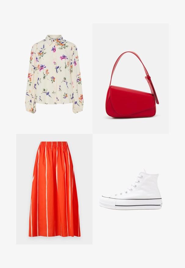 Blomstrete bluse med lange pufferm, lys kremfarge, med lilla, oransje og grønne blomster mønstre, og klassisk kragedesign.; Marimekko BUKLEE PUHVELI - A-line skjørt - red; Hvit høy-skinn kanvas sneakers med svart gummisåle, gummitåhette foran og seks hull for snorer, med et rent, minimalistisk design.; Rød lærveske med en vinklet, geometrisk design. Har en enkelt justerbar stropp og en klaffelukking med sydd detaljer.